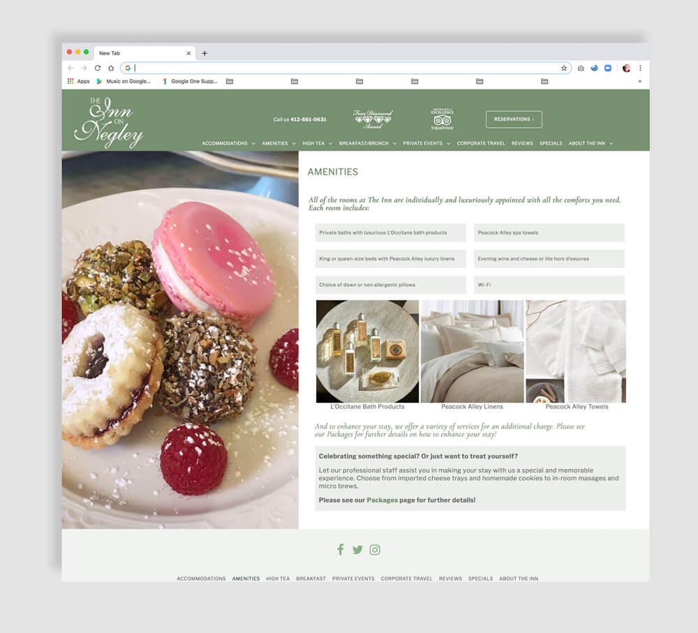 Luxury inn amenities page web design