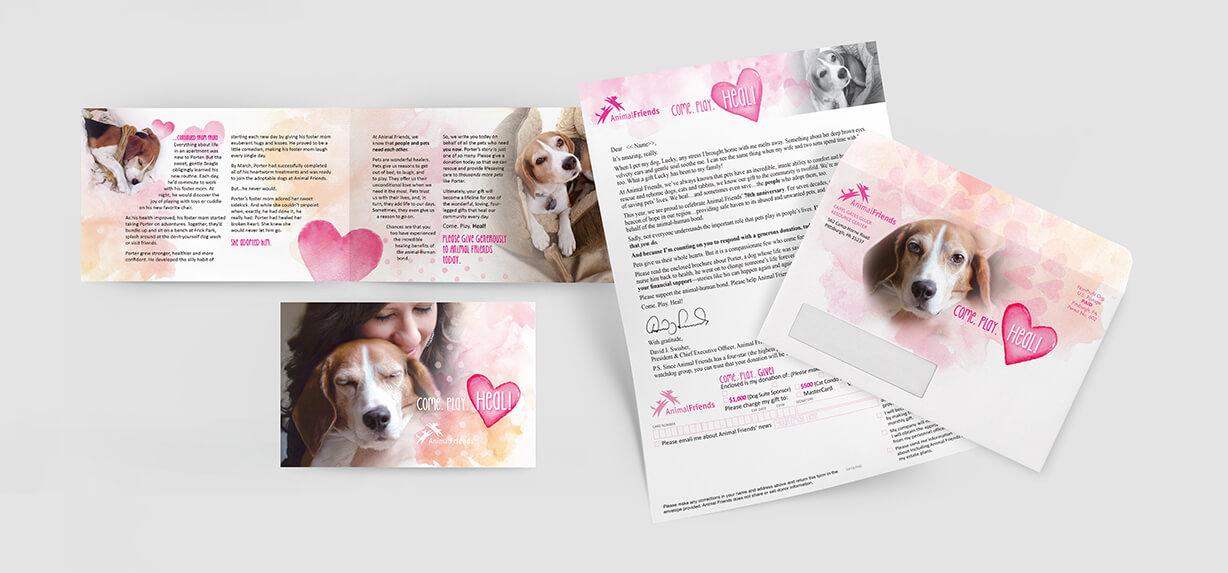 Loving images of a woman and her dog adorn this direct mail solicitation