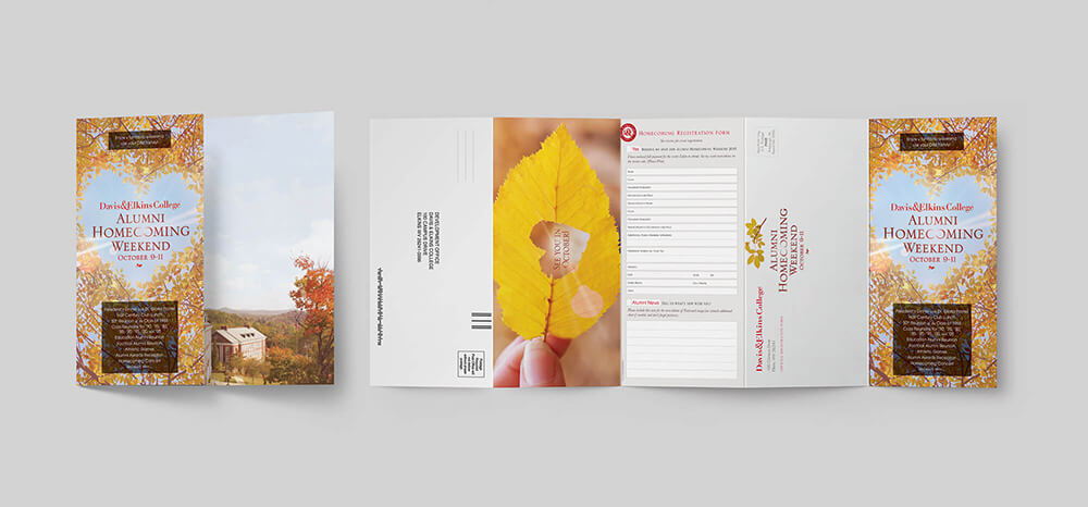 Self-mailer event invitation design for a college