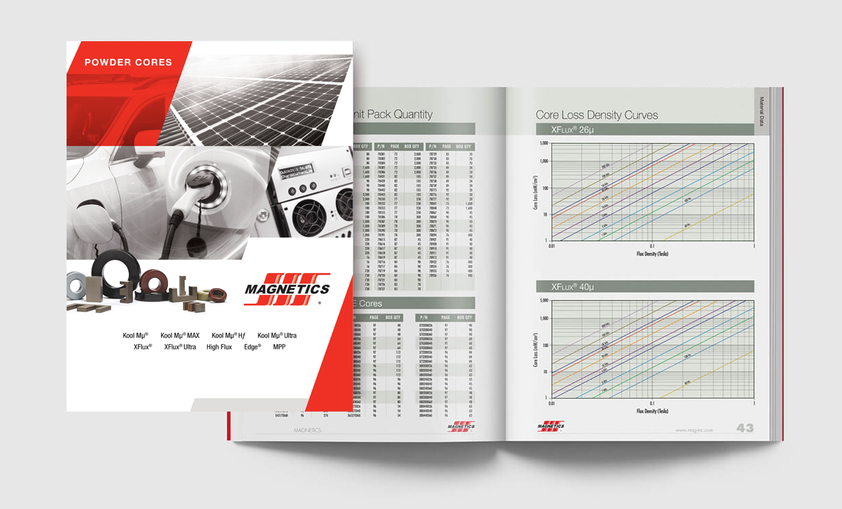 Industrial multi-page catalog design with charts, graphs and line art
